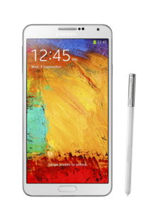 Galaxy Note 3 in white with its pen. 